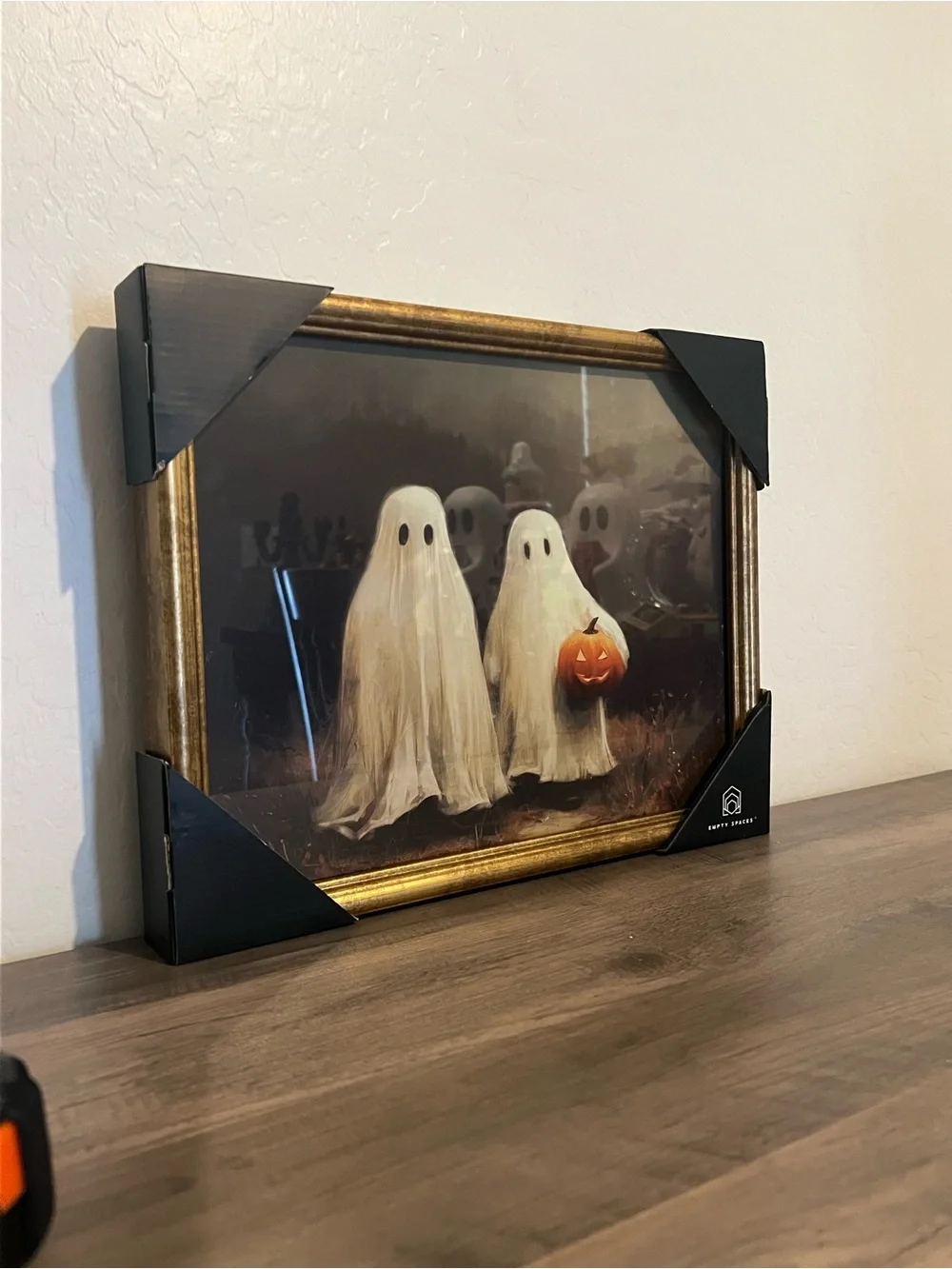 Haunted Ghosts Holding Pumpkin Halloween Print in Gold Frame -Empty Spaces